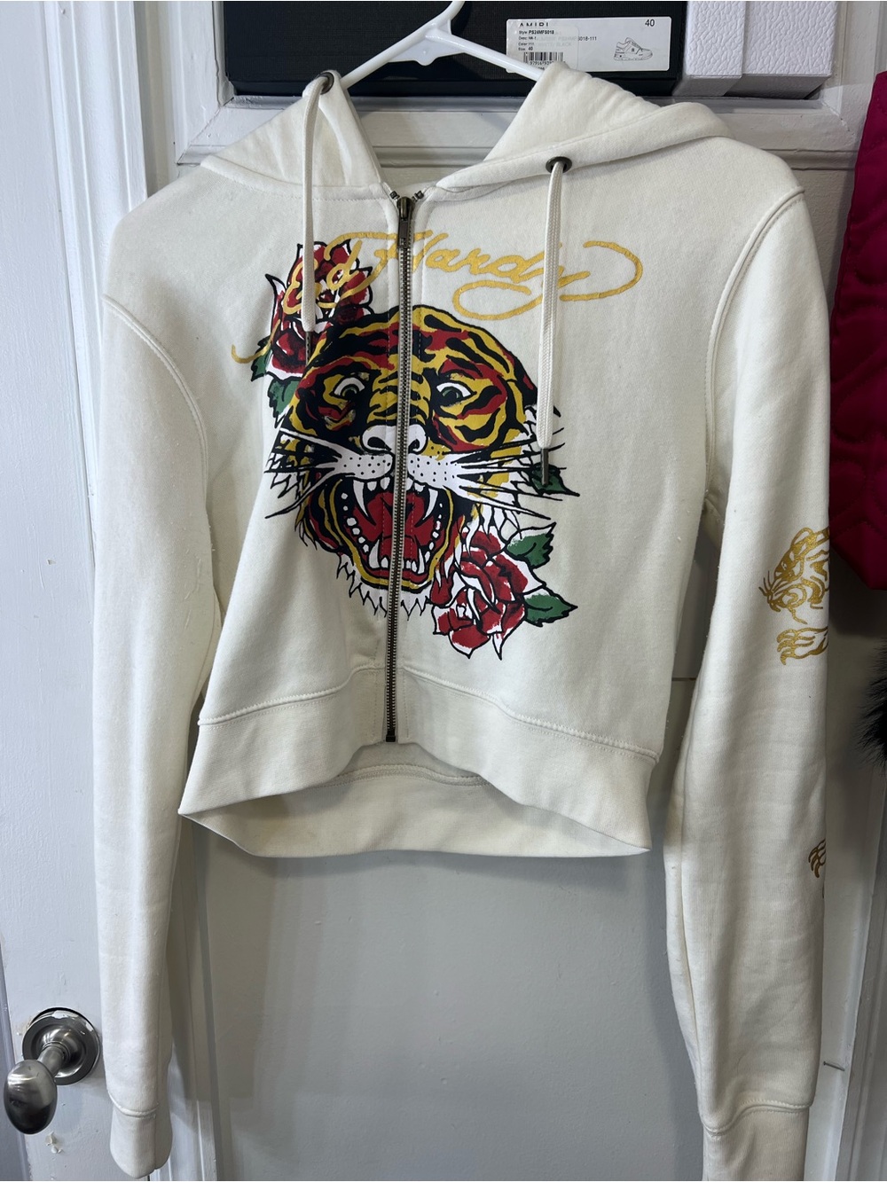 Ed Hardy White Cropped Zip Hoodie with Tiger & Rose Graphic